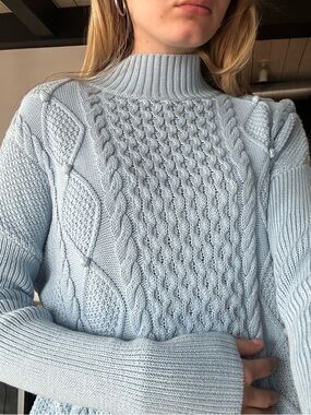 J. Crew Light Blue Cable-Knit Mock Neck Sweater